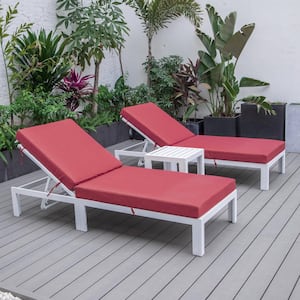 Chelsea Modern White Aluminum Outdoor Patio Chaise Lounge Chair with Side Table and Red Cushions Set of 2