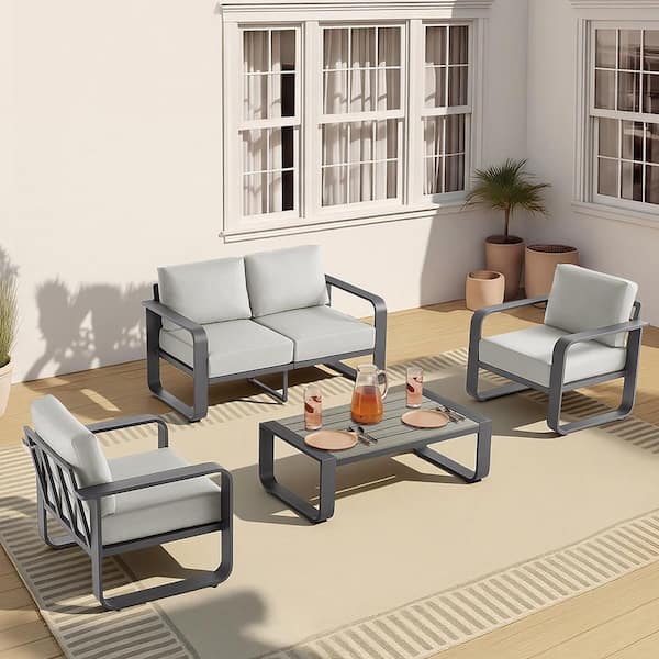 Sebastian Gray 4-Piece Aluminum Patio Conversation Set with Plush Fabric 6.3 in. Cushion,Rust-resistant,Weatherproof