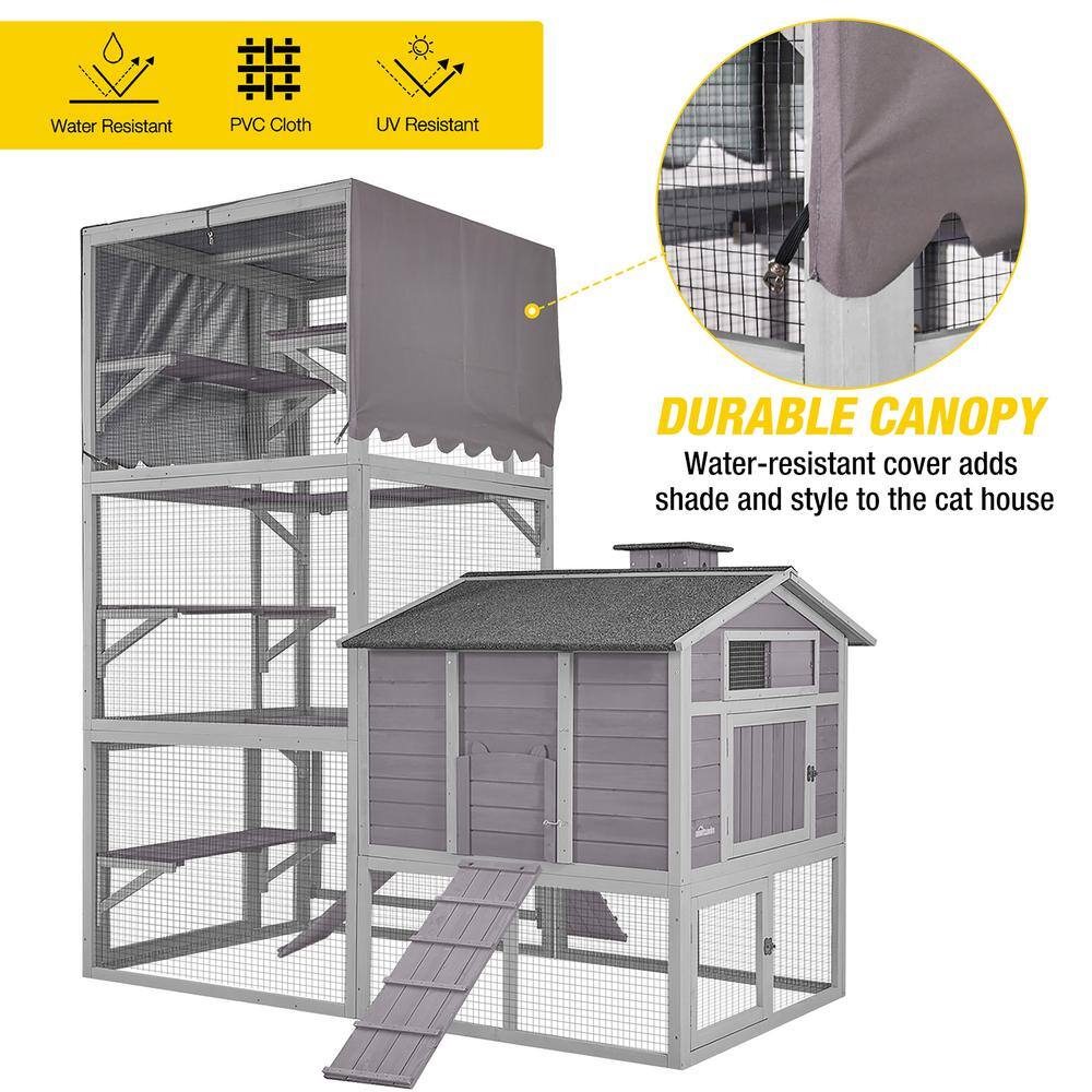 Large Gray Wooden Outdoor Cat House with Vertical Climbing Enclosure