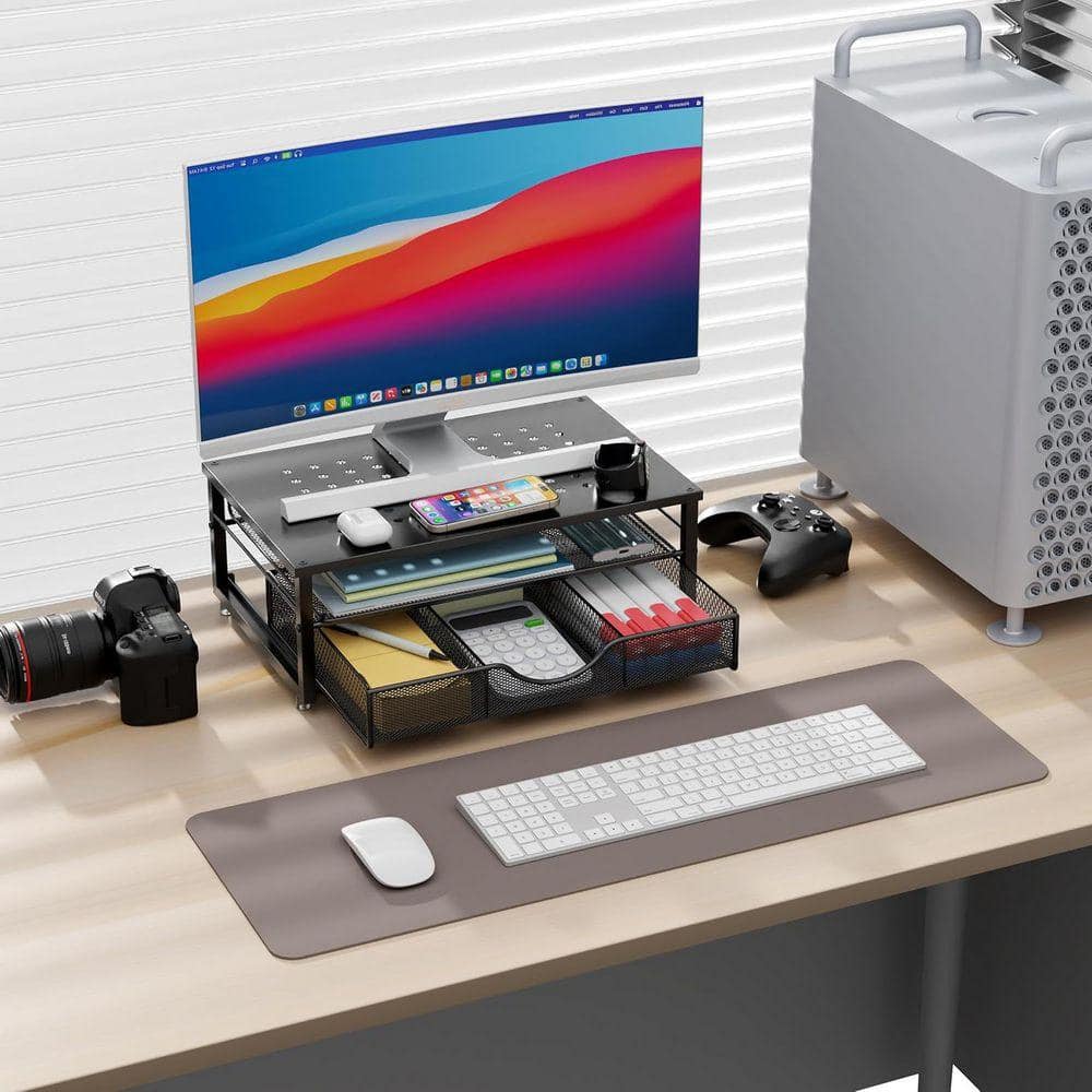 Organizing Stand Black 15.7 in. x 5.5 in. Metal Modern Desk Organizer Stand with Drawer ...
