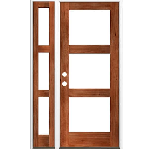 Krosswood Doors 50 in. x 96 in. Modern Hemlock Right-Hand/Inswing 3-Lite Clear Glass Red Chestnut Stain Wood Prehung Front Door with LSL
