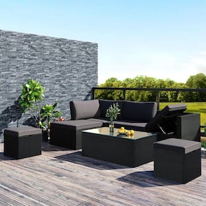 Outdoor 5-Piece Wicker Outdoor Patio Conversation Seating Set with Gray Cushions