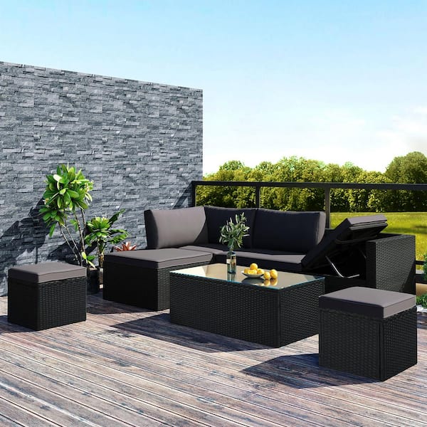 Wateday Outdoor 5-Piece Wicker Outdoor Patio Conversation Seating Set with Gray Cushions