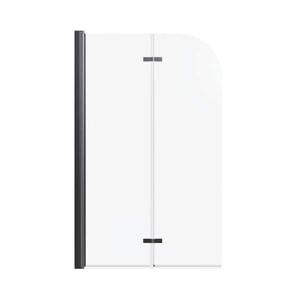 34 in. W x 58 in. H Frameless Folding Pivot Tub Door in Matte Black with Clear Tempered Glass