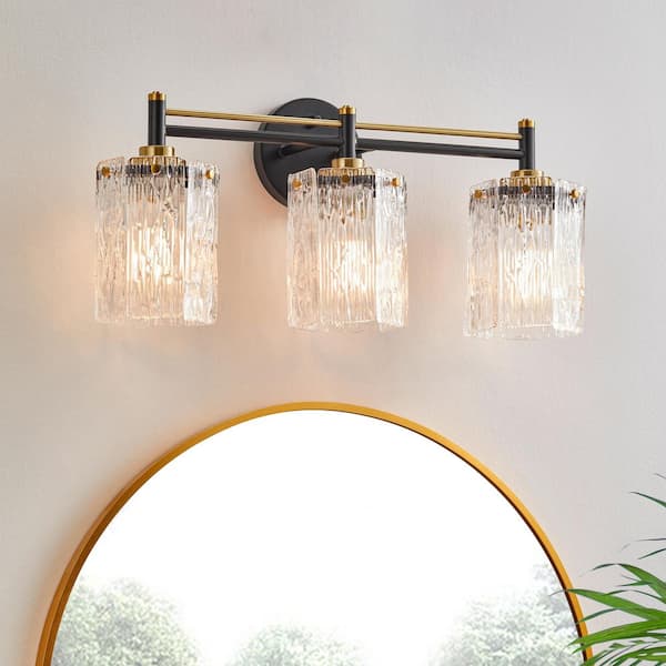 KAWOTI 23.25 in. 3-Light Black and Golds Vanity Light with Textured Clear Glass Shades