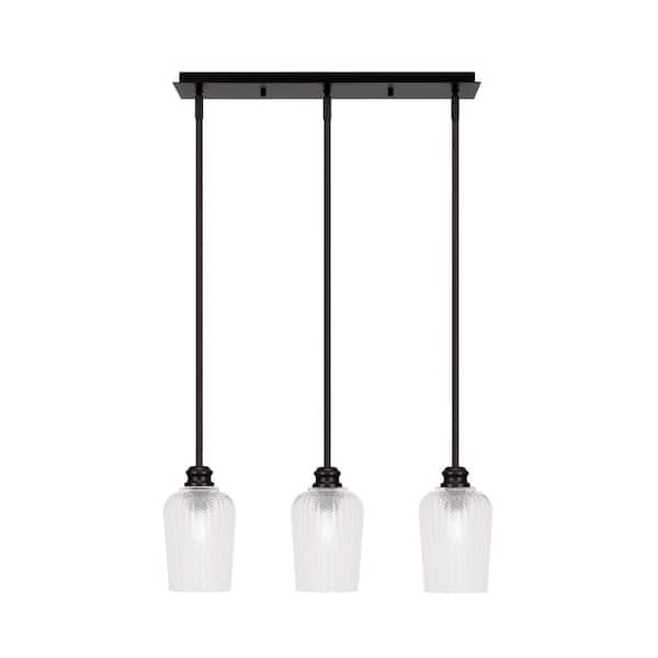 Unbranded Albany 60-Watt 3-Light Espresso Linear Pendant Light with Clear Textured Glass Shades and No Bulbs Included