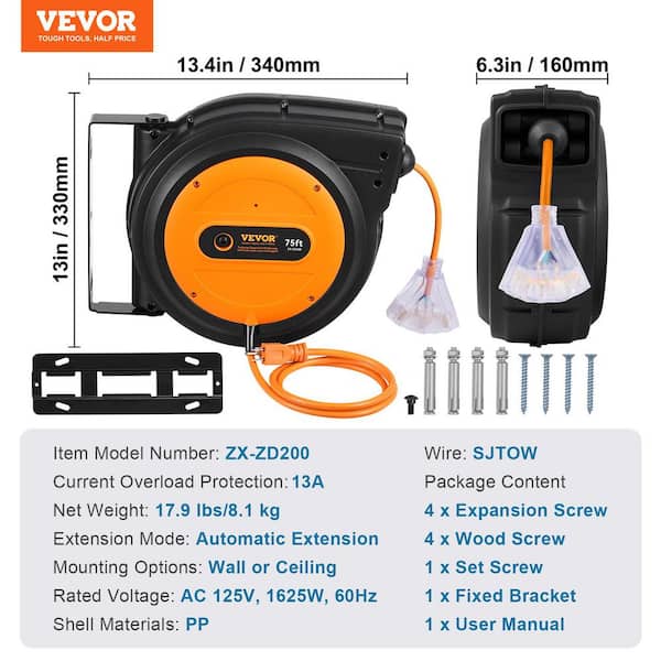 VEVOR 75 ft. 14 / 3 13 Amp Retractable Extension Cord Reel Heavy
