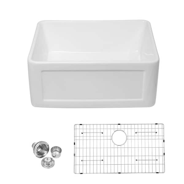 24 in. White Fireclay Single Bowl Farmhouse Apron Kitchen Sink with Bottom Grid