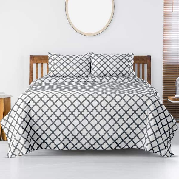 Lux Decor 4-Piece Microfiber Sheet Set Geometric Pattern with Deep Pocket Fitted Sheet and Pillowcases-Full XL Blue