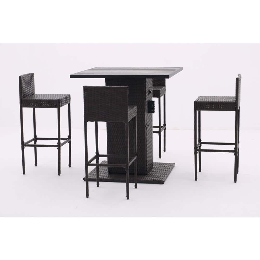 Gray 5-Piece Wicker Outdoor Dining Set, Patio Conversation Bar Set With Met