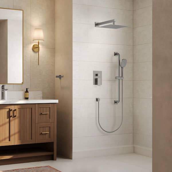 Pressure Balance Wall Mount 10 in. Square 1 Handle 4-Spray Shower Faucet 2.5 GPM with Anti Scald in Brushed Nickel