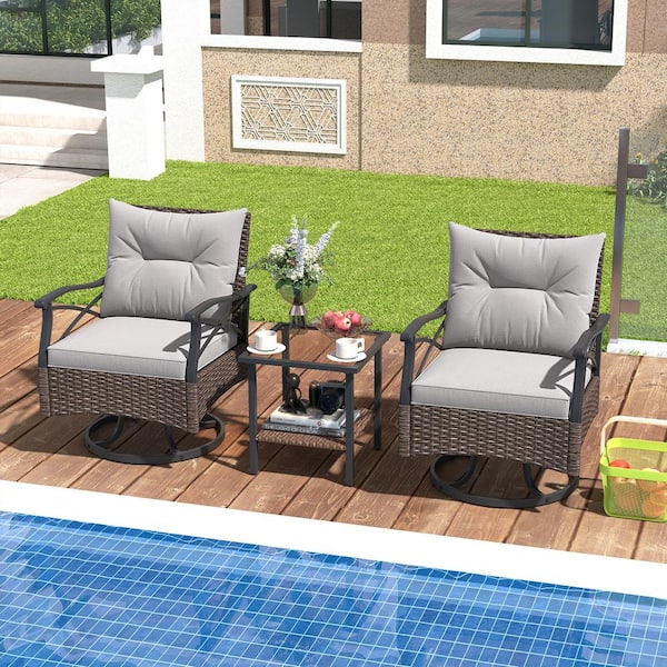 ANGELES HOME 3-Piece Wicker Patio Conversation Set Swivel Rocking Chairs Set with Gray Cushions, 2 Tier Tempered Glass Side Table