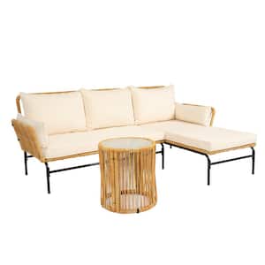 Brown 3-Piece Wicker Outdoor Patio Conversation Sectional Sofa Seating Set with Beige Cushions and Coffee Table
