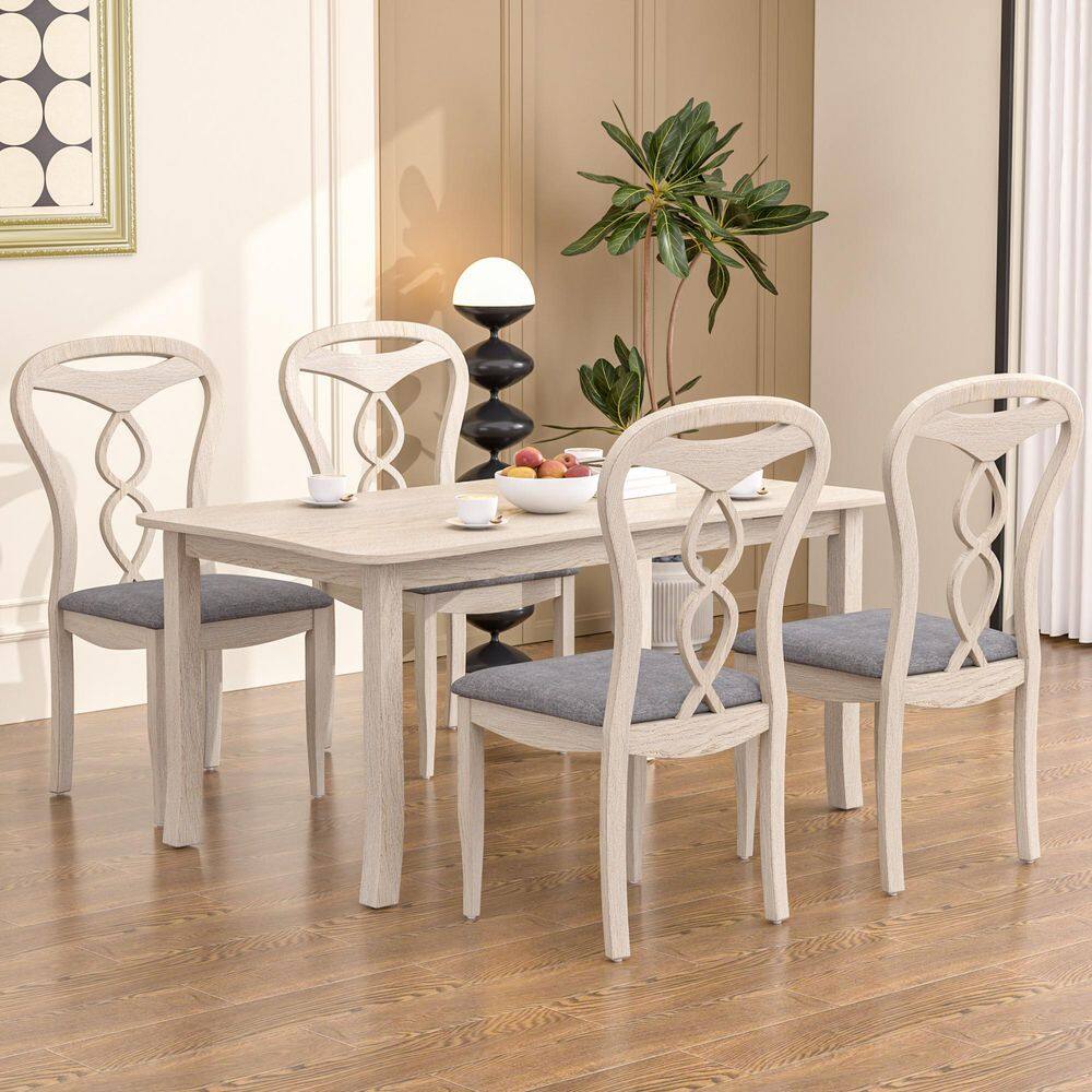 63" Solid Wood 5-Piece Dining Table Set with Upholstered Chairs – Gray Modern Farmhouse Style Dining Set for 4