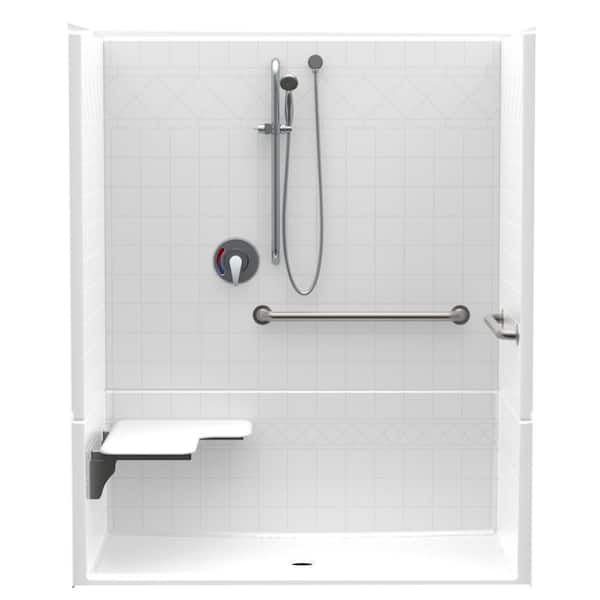 Aquatic Accessible Diagonal Tile AcrylX 60 in. x 34 in. x 75.5 in. 4-Piece ADA Shower Stall w/ Left Seat and Grab Bars in White