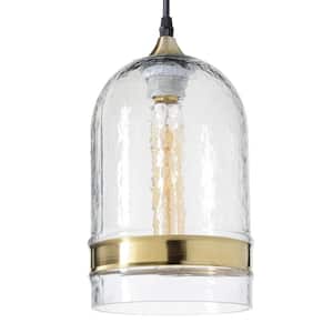 6 in. W x 12 in. H 1-Light Brass Ring Hammered Hand Blown Glass Pendant Light with Clear Glass Shade