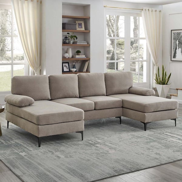 105 in. Arm 4-piece U-Shaped Modern Polyester Blend Upholstered Sectional Sofa with Double Chaises in Khaki