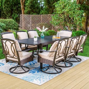 9-Piece Metal Outdoor Dining Set with Rectangular Carve Pattern Table and Rattan Swive Chairs with Beige Cushions