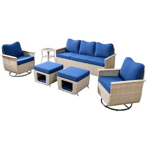 Aphrodite 6-Piece Wicker Patio Conversation Seating Sofa Set with Navy Blue Cushions and Swivel Rocking Chairs