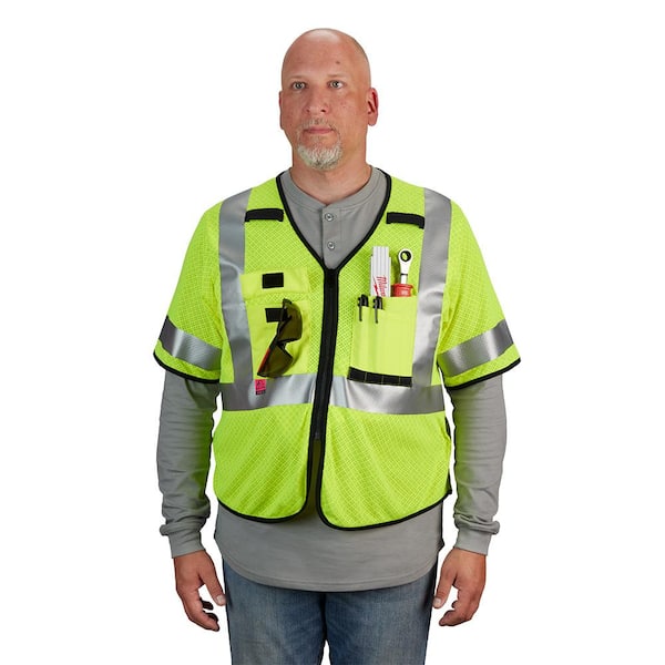 Milwaukee Arc Rated Flame Resistant 2X Large 3X Large Yellow Mesh Class 3 High Visibility Safety Vest with 10 Pockets and Sleeves 48 73 5223