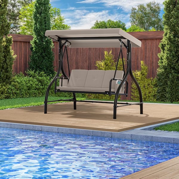 3-Seat Brown Patio Swing Chair with Adjustable Canopy and Removable Cushion