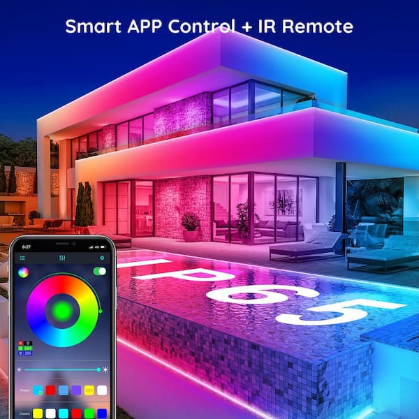 60 ft. Integrated LED Multicolor Strip Light Fixture, RGB Color Changing, Bluetooth App Control, Plastic, Waterproof