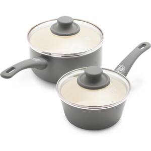 4-Piece Aluminum Ceramic Nonstick Coating 1 qt. and 2 qt. Sauce Pan Set in Gray with Glass Lids and Soft Grip Handles