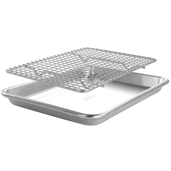 Cookie Sheet with Rack Set, E-far 16”x12” Stainless Steel Baking Sheet Pan  for Oven Cooking, Rimmed Metal Tray with Wire Rack & Silicone Baking Mat