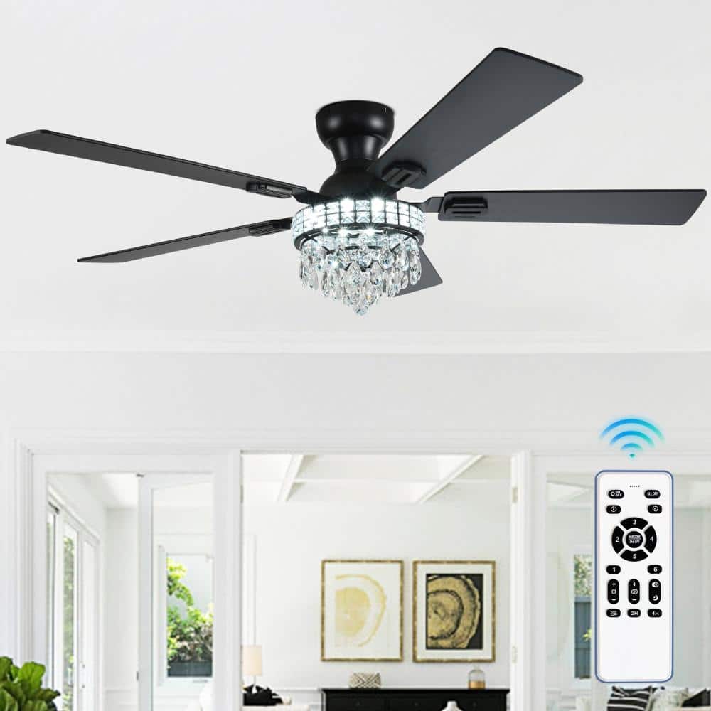 52 in. Black Crystal 5-Walnut/Black Blade Flush Mounted Fandelier Ceiling Fan with LED Light and Remote for Bedroom price history on PriceWatchPro