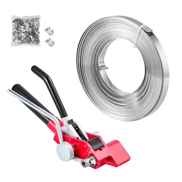 Steel Banding Strapping Kit, Heavy Duty Banding Sealer Tool with 100 ft. Binding Straps, 100 Metal Clasps for Warehouse