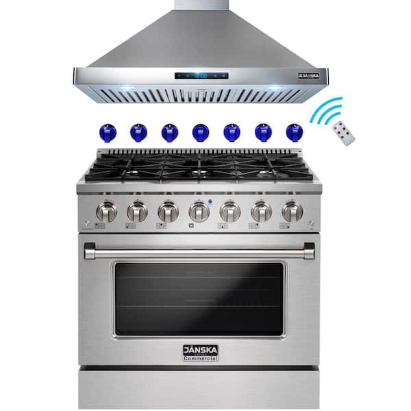 JANSKA 36 in. 520 CFM Wall-Mount Range Hood and 36 in. 5.2 cu. ft. Gas Range with Convection Oven and 2 Sets of Knobs