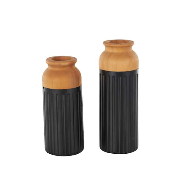 Litton Lane Black Color Block Metal Decorative Vase with Rounded Linear Grooves and Brown Wood Tops (Pair of 2)