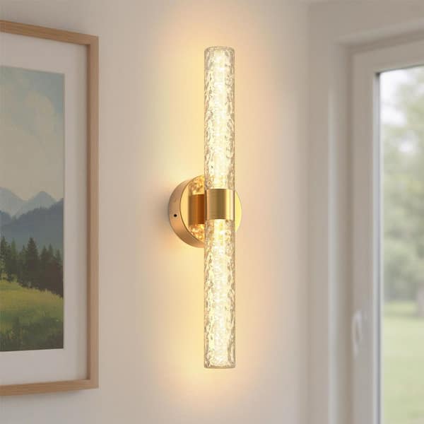 21 in.2-Light Gold Stone Pattern Integrated LED Wall Sconce Set of 2, 3000K Wall Decor for Bedroom and Living Room