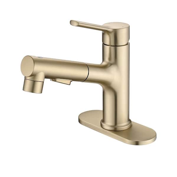 Pdpbath Single Handle 1 or 3-Hole Bathroom Faucet with Deckplate Included and Drain Kit in Brushed Gold