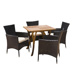 Kensley 5-Piece Wood and Faux Rattan Square Outdoor Dining Set with Beige Cushion