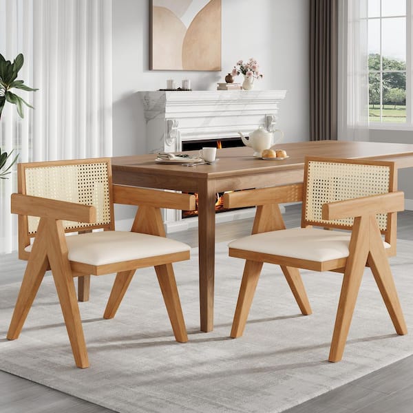 CHRISTOPHER KNIGHT HOME Jett Village Natural Cane and Solid Wood Frame Beige Upholstered Dining Chairs Arm Chairs, Straight Legs (Set of 2)