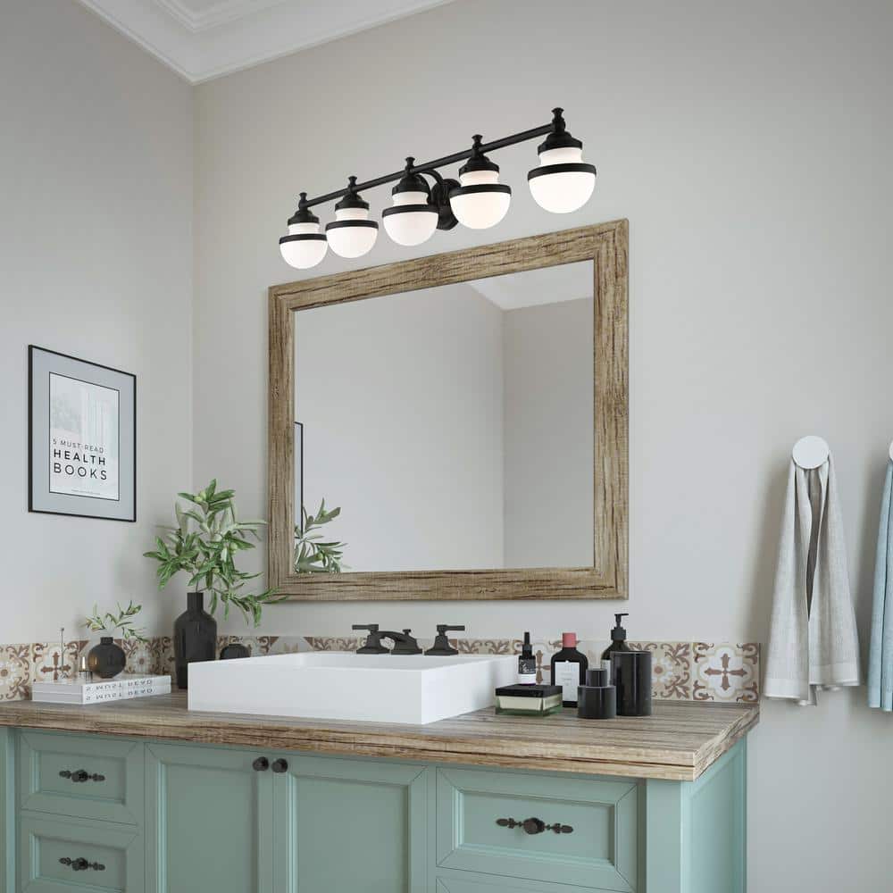 Oldwick Sleek Black 5-Light Vanity Sconce with Satin Opal White Glass