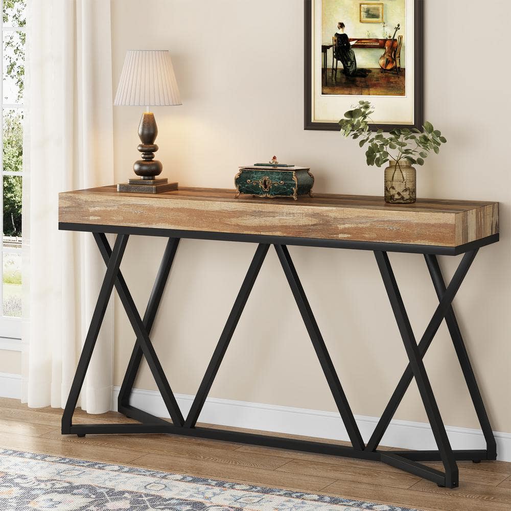Rustic Brown 55" Wood and Metal Console Table with Storage