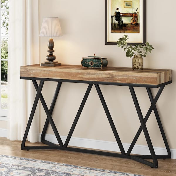 TRIBESIGNS WAY TO ORIGIN Benjamin 55 in. Retro Brown Rectangle Wood Console Table Behind Sofa Entryway Couch Accent Wall Table Home Office