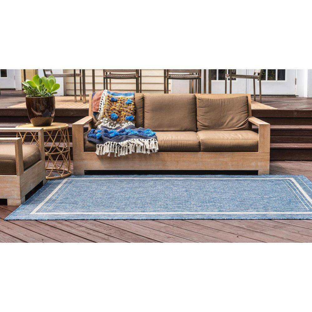 Serene Blue Flatweave 5'3" x 8' Outdoor Rug with Simple Border