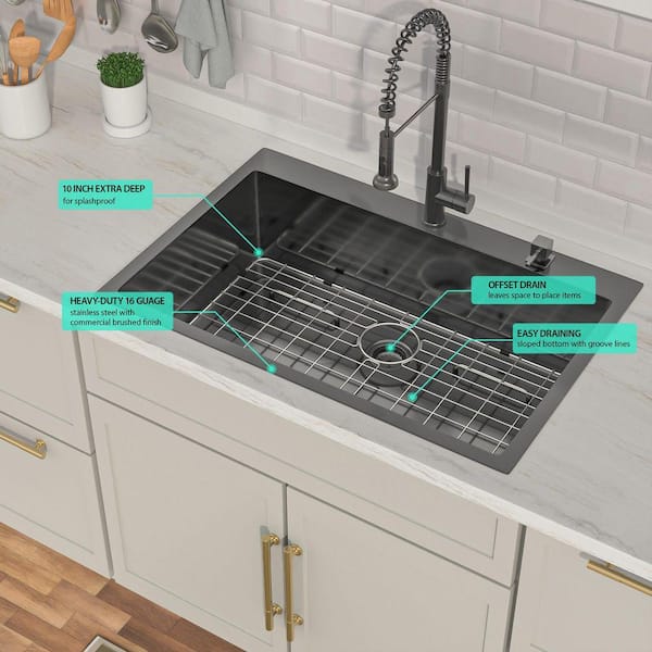 30"x20" Black Stainless Steel Kitchen Sink Combo – Modern Undermount Single Sink With Waterfall Faucet, Drain Basket, Grid & Accessories (Pull-Out Faucet Included)