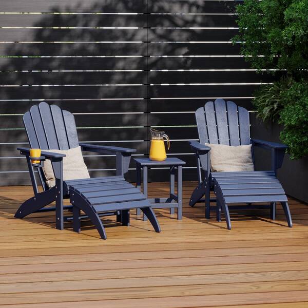 Aderson Navy Blue 5-Piece Outdoor Plastic Adirondack Chairs w/ Cupholders, Side Table, Ottoman Patio Conversation Set