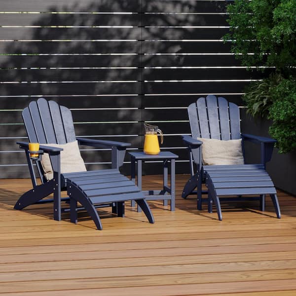 Aderson Navy Blue 5-Piece Outdoor Plastic Adirondack Chairs w/ Cupholders, Side Table, Ottoman Patio Conversation Set