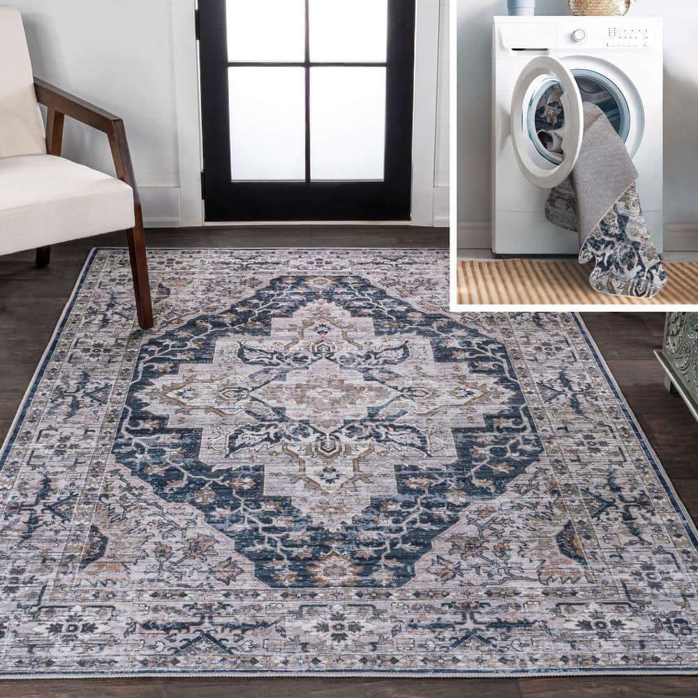 Didim Boho Navy and Light Gray 5x8 Washable Area Rug