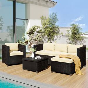 Black 5-Piece Wicker Rattan Outdoor Conversation Set Sectional Sofa with Beige Seat Cushions