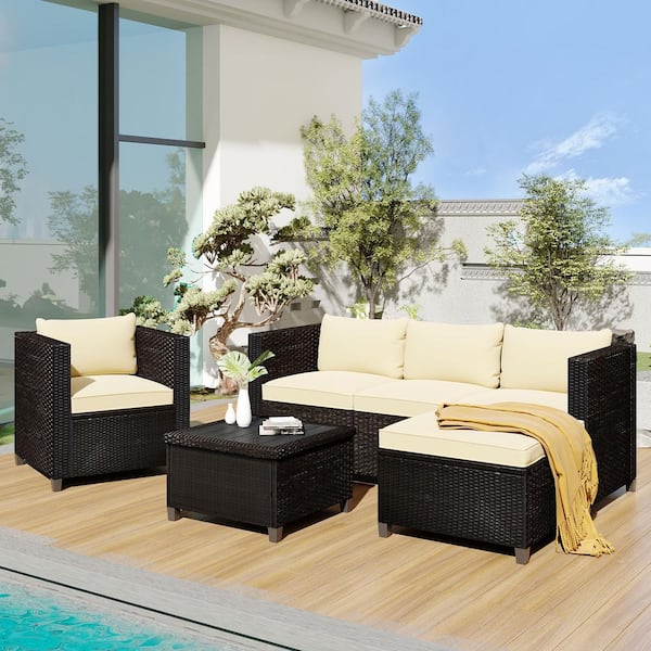 Tunearary Black 5-Piece Wicker Rattan Outdoor Conversation Set Sectional Sofa with Beige Seat Cushions