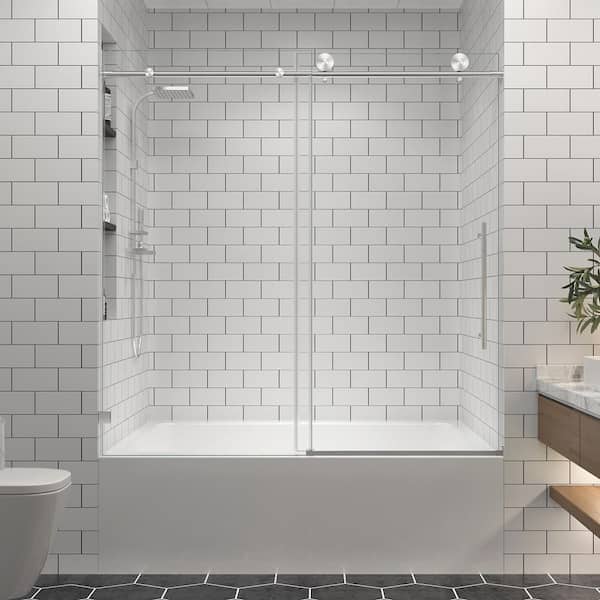 EASYWORC 60.8 in. W x 63 in. H Sliding Frameless Bathtub Shower Door in Brushed Nickel Finish with 5/16 in. Clear Tempered Glass
