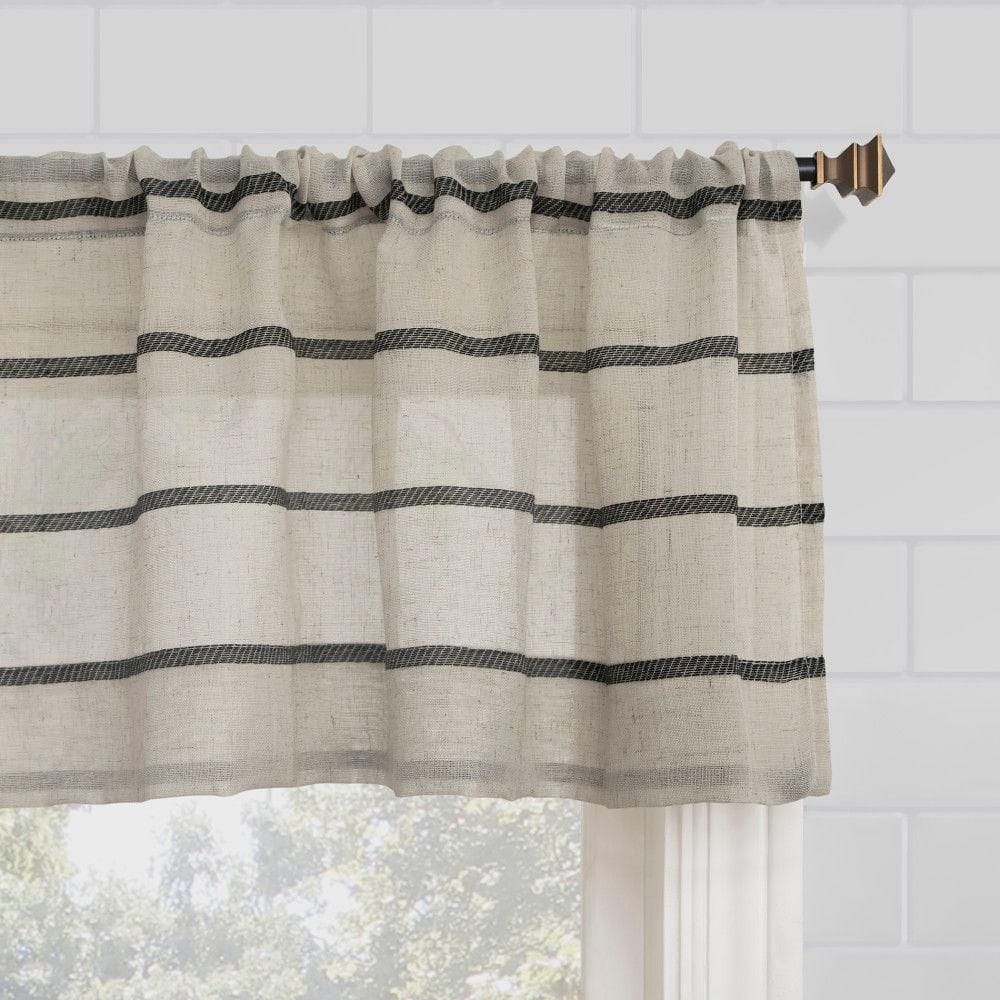 Black and Beige Twill Stripe Linen Blend Sheer Rod Pocket Valance