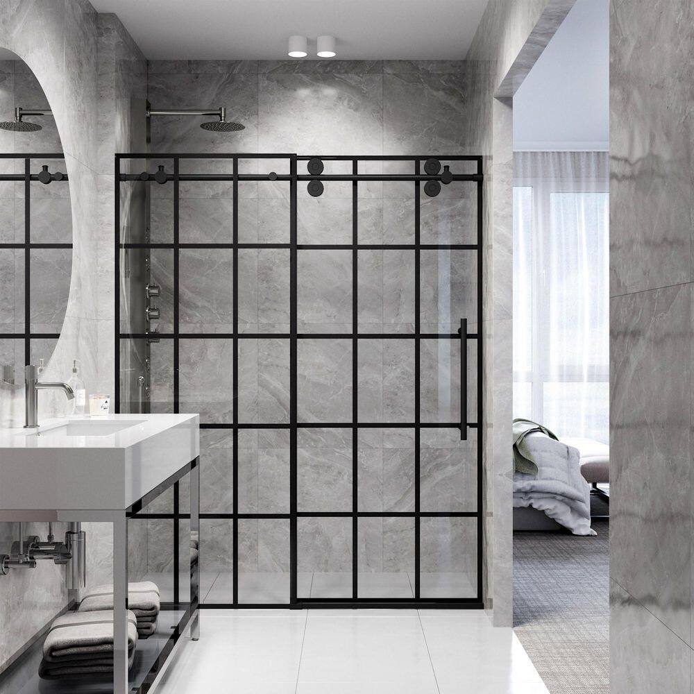 Elan Matte Black Frameless Sliding Shower Door with Clear Grid Glass