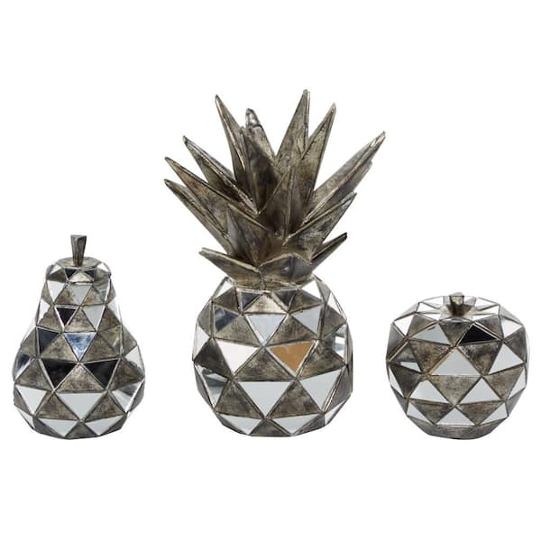 Silver Polystone Decorative Fruit Sculpture with Mirror Accents (Set of 3)